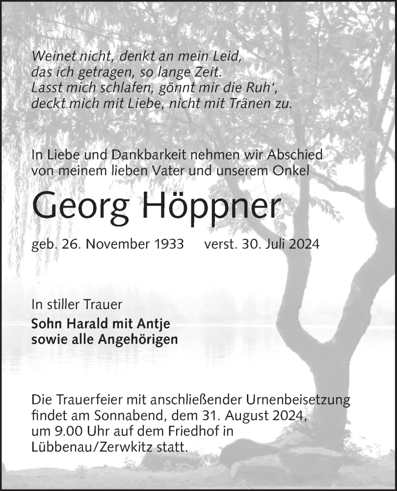  Traueranzeige für Georg Höppner vom 17.08.2024 aus Lausitzer Rundschau