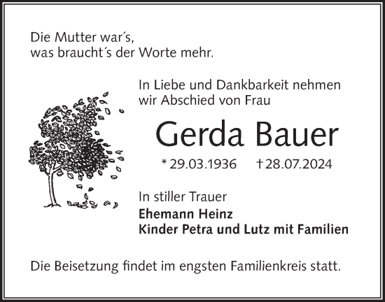 Traueranzeige von Gerda Bauer von Lausitzer Rundschau