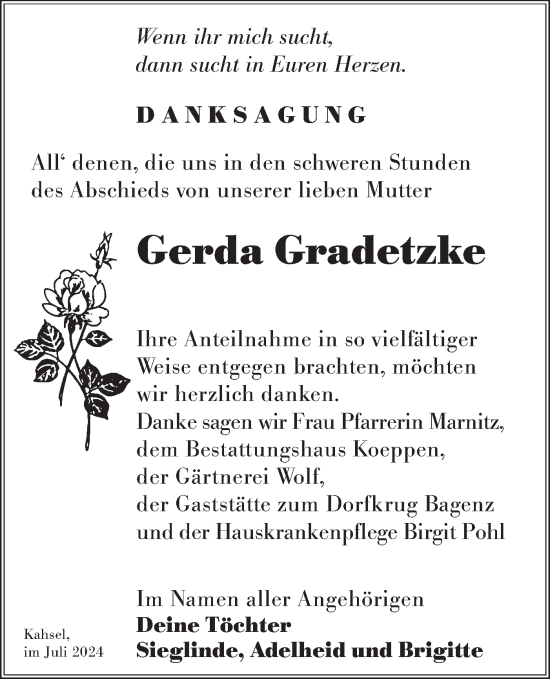 Traueranzeige von Gerda Gradetzke von Lausitzer Rundschau