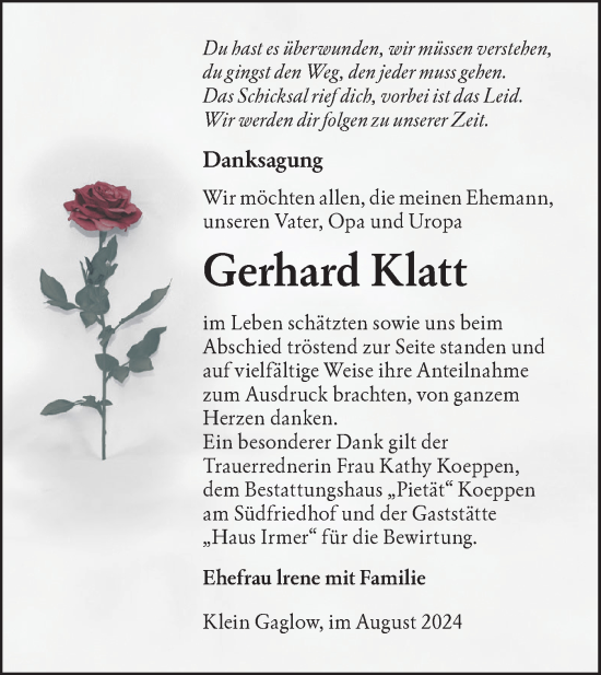 Traueranzeige von Gerhard Klatt von Lausitzer Rundschau