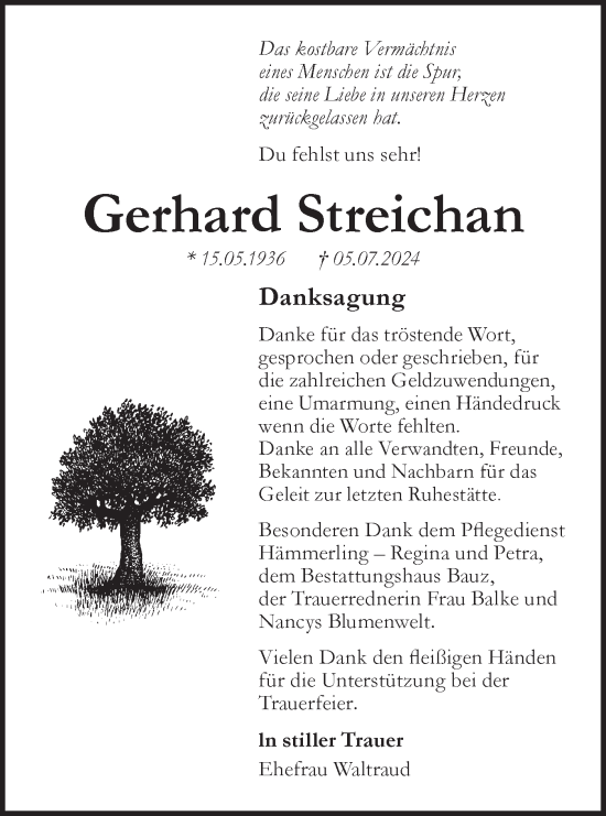 Traueranzeige von Gerhard Streichan von Lausitzer Rundschau