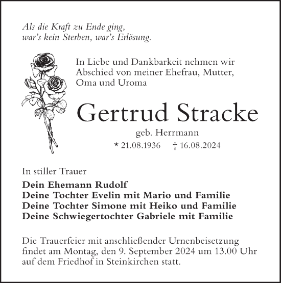 Traueranzeige von Gertrud Stracke von Lausitzer Rundschau