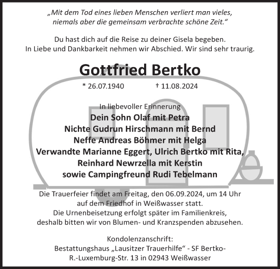 Traueranzeige von Gottfried Bertko von Lausitzer Rundschau