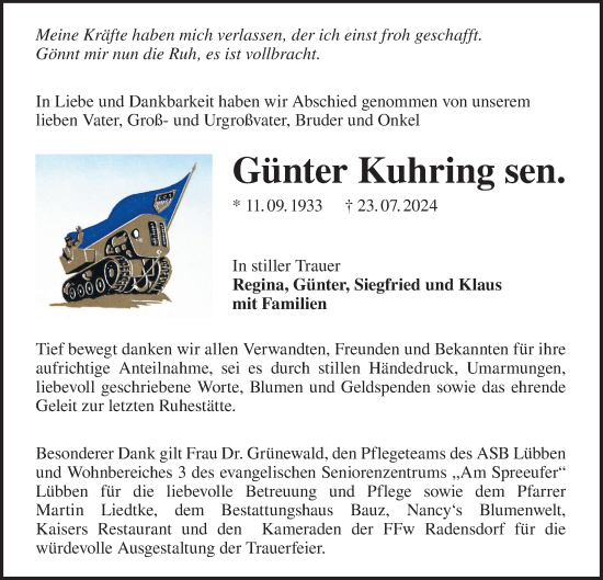 Traueranzeige von Günter Kuhring von Lausitzer Rundschau