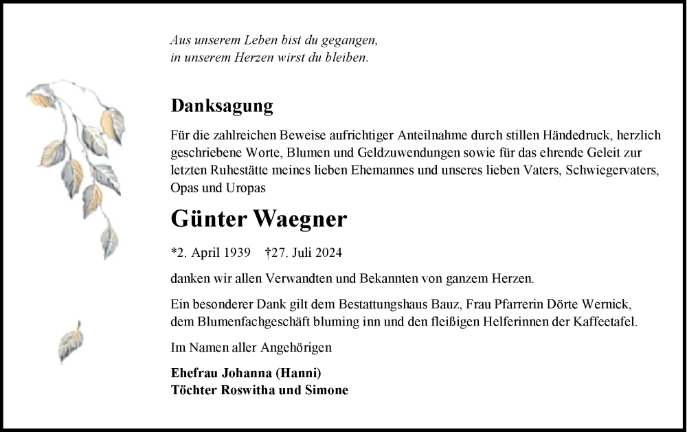  Traueranzeige für Günter Waegner vom 31.08.2024 aus Lausitzer Rundschau