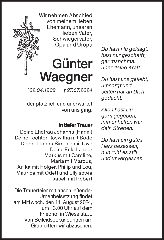 Traueranzeige für Günter Waegner vom 07.08.2024 aus Lausitzer Rundschau