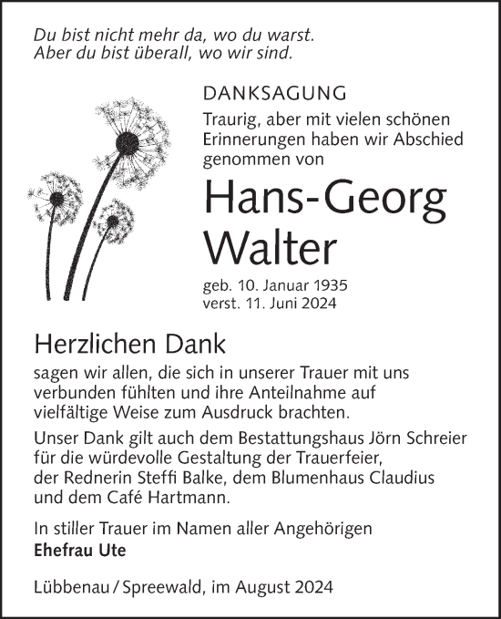 Traueranzeige von Hans-Georg Walter von Lausitzer Rundschau