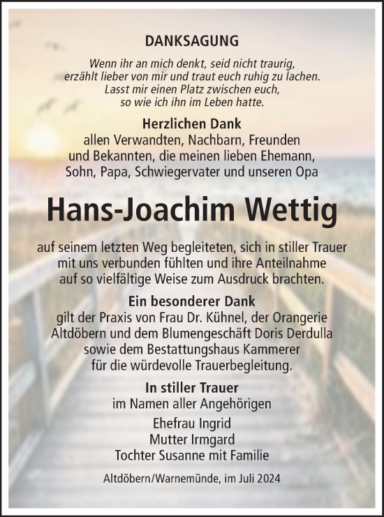 Traueranzeige von Hans-Joachim Wettig von Lausitzer Rundschau