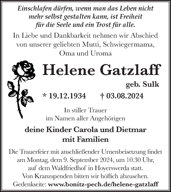 Traueranzeige von Helene Gatzlaff von Lausitzer Rundschau