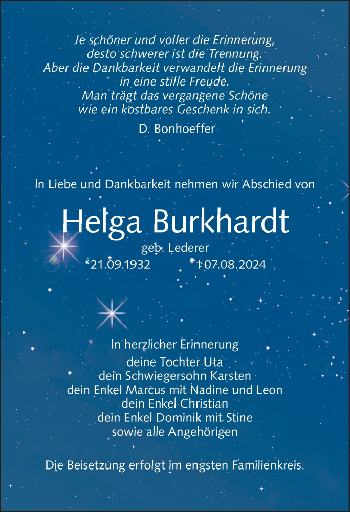  Traueranzeige für Helga Burkhardt vom 17.08.2024 aus Lausitzer Rundschau