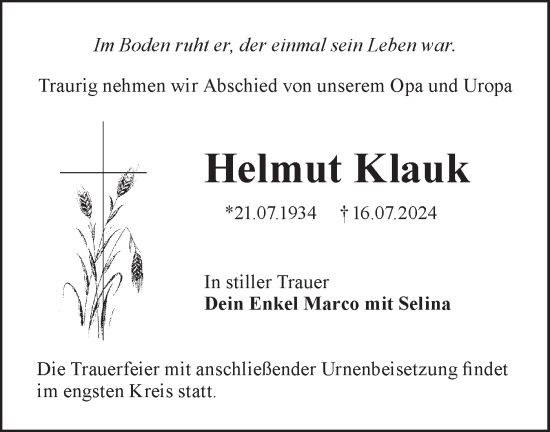 Traueranzeige von Helmut Klauk von Lausitzer Rundschau