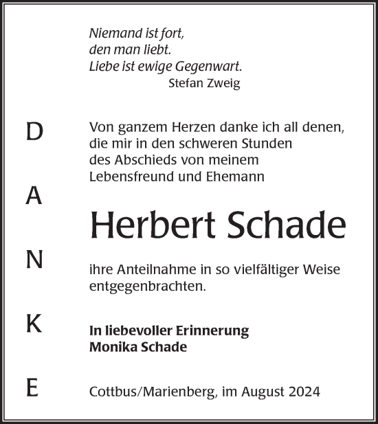 Traueranzeige von Herbert Schade von Lausitzer Rundschau