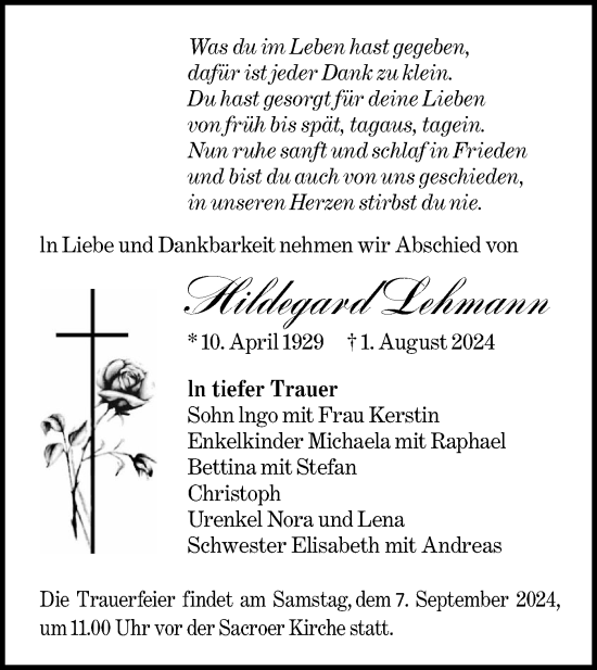 Traueranzeige von Hildegard Lehmann von Lausitzer Rundschau