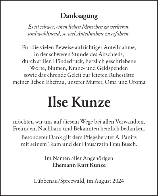 Traueranzeige von Ilse Kunze von Lausitzer Rundschau