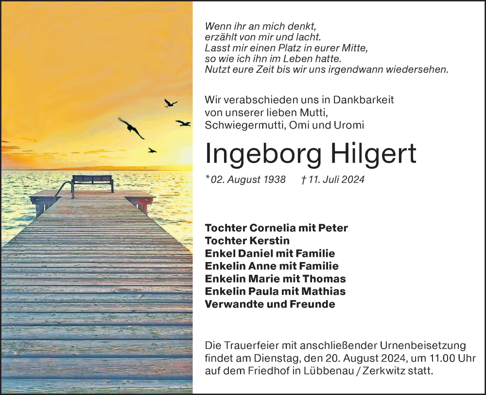  Traueranzeige für Ingeborg Hilgert vom 10.08.2024 aus Lausitzer Rundschau
