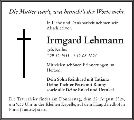 Traueranzeige von Irmgard Lehmann von Lausitzer Rundschau