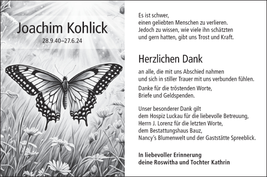 Traueranzeige von Joachim Kohlick von Lausitzer Rundschau