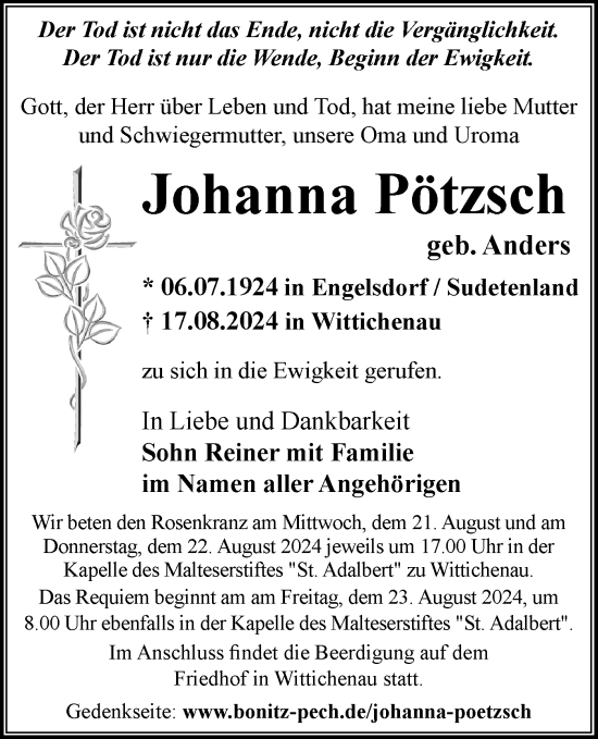 Traueranzeige von Johanna Pötzsch von Lausitzer Rundschau