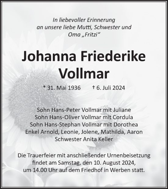 Traueranzeige von Johanna Friederike Vollmar von Lausitzer Rundschau