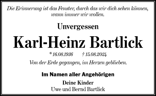 Traueranzeige von Karl-Heinz Bartlick von Lausitzer Rundschau