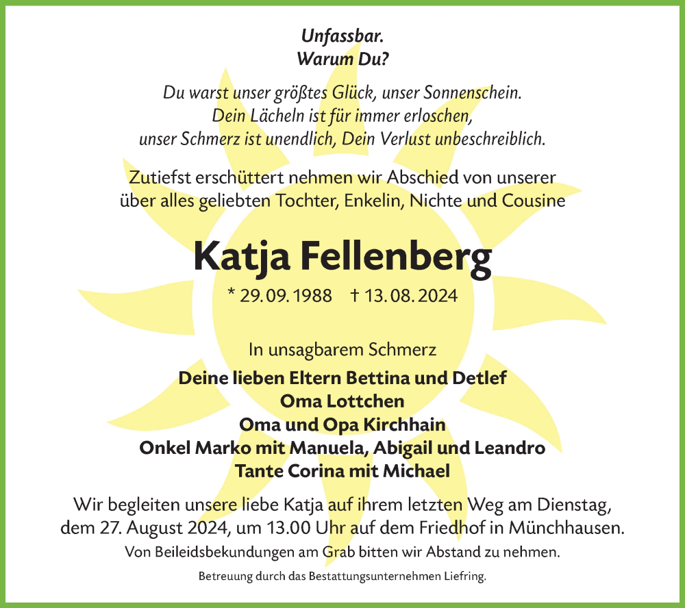  Traueranzeige für Katja Fellenberg vom 20.08.2024 aus Lausitzer Rundschau