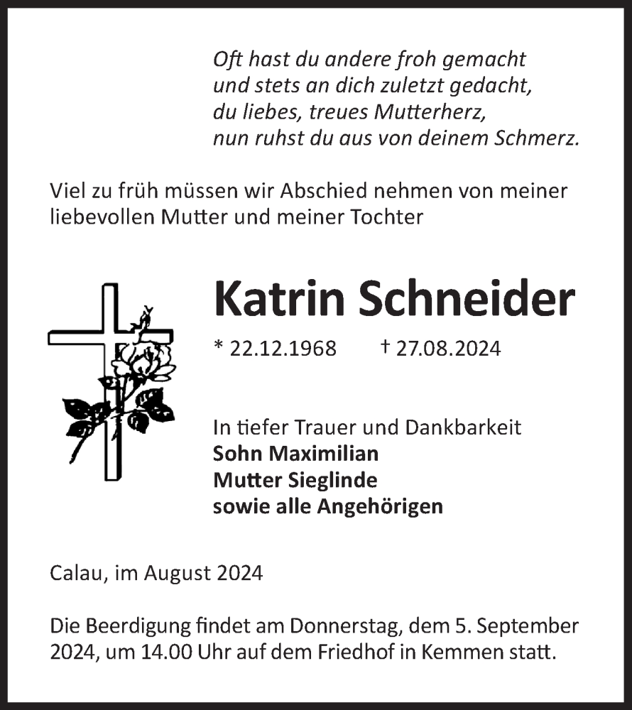  Traueranzeige für Katrin Schneider vom 31.08.2024 aus Lausitzer Rundschau