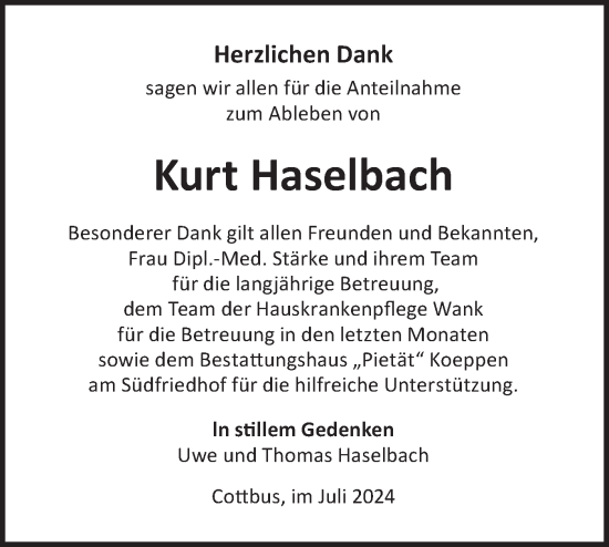 Traueranzeige von Kurt Haselbach von Lausitzer Rundschau