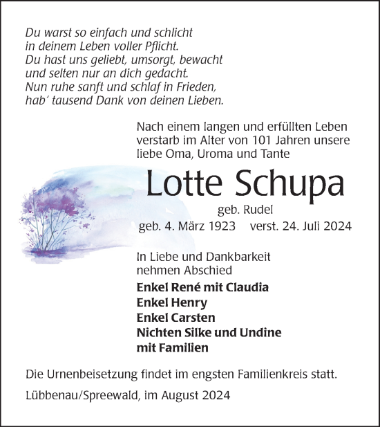 Traueranzeige von Lotte Schupa von Lausitzer Rundschau