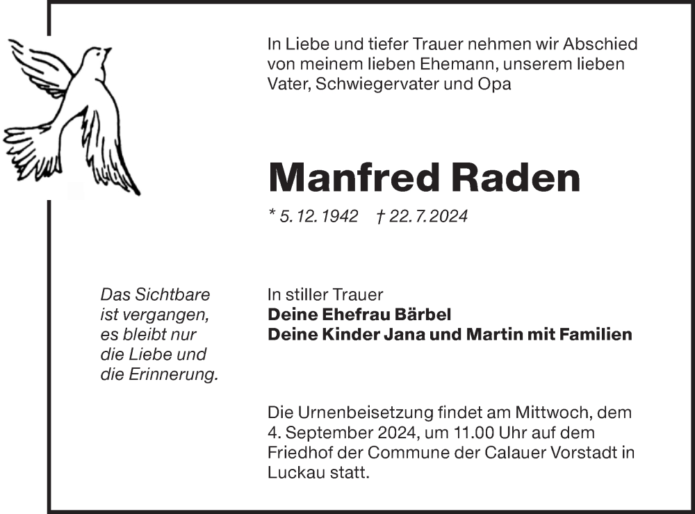  Traueranzeige für Manfred Raden vom 17.08.2024 aus Lausitzer Rundschau