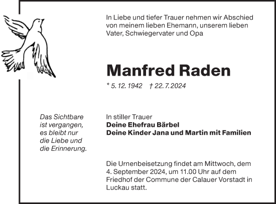 Traueranzeige von Manfred Raden von Lausitzer Rundschau