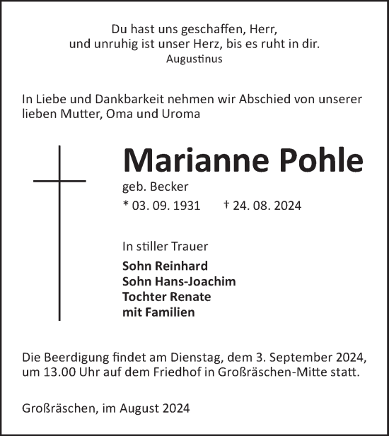 Traueranzeige von Marianne Pohle von Lausitzer Rundschau