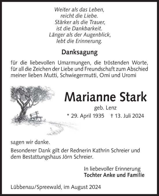 Traueranzeige von Marianne Stark von Lausitzer Rundschau