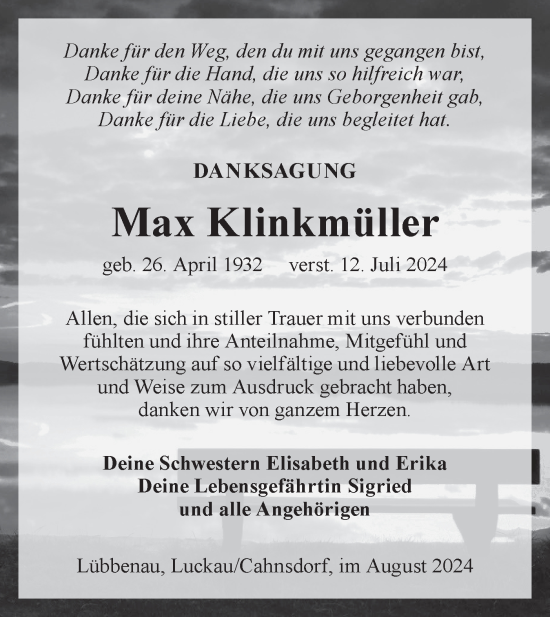 Traueranzeige von Max Klinkmüller von Lausitzer Rundschau