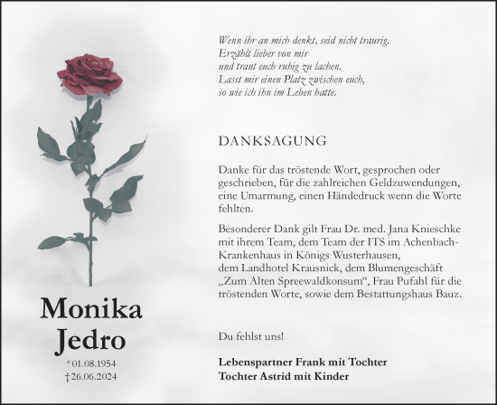 Traueranzeige von Monika Jedro von Lausitzer Rundschau