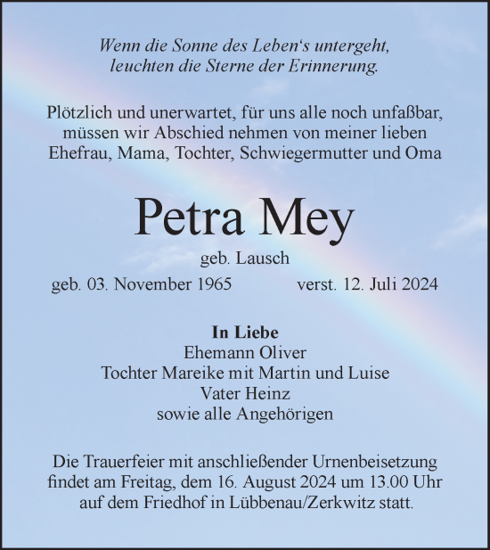 Traueranzeige von Petra Mey von Lausitzer Rundschau