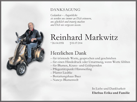 Traueranzeige von Reinhard Markwitz von Lausitzer Rundschau