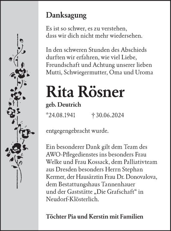 Traueranzeige von Rita Rösner von Lausitzer Rundschau