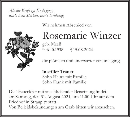 Traueranzeige von Rosemarie Winzer von Lausitzer Rundschau