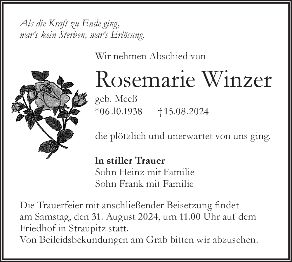  Traueranzeige für Rosemarie Winzer vom 24.08.2024 aus Lausitzer Rundschau