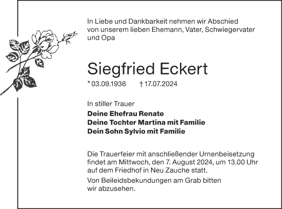 Traueranzeige von Siegfried Eckert von Lausitzer Rundschau