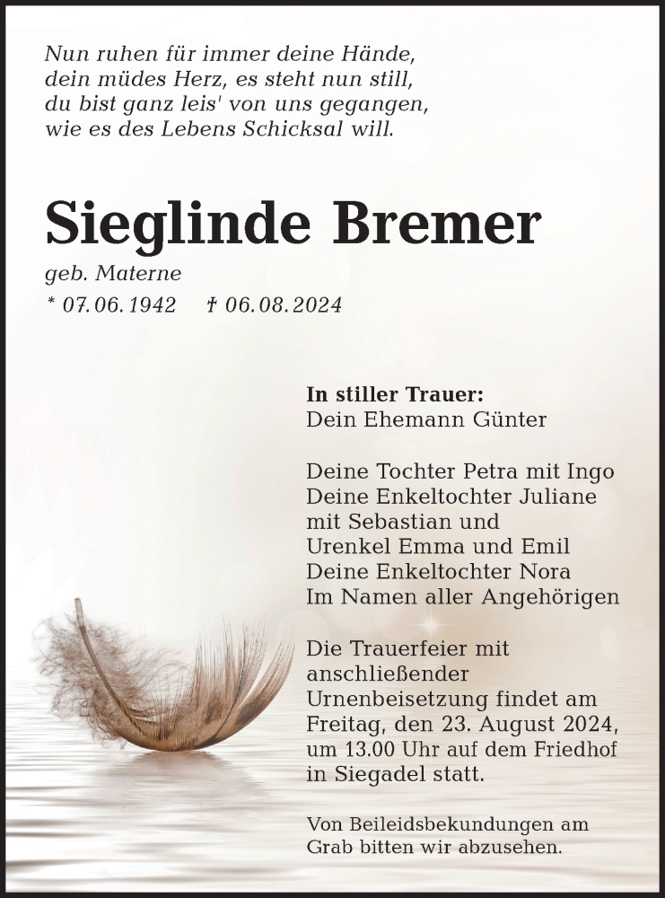  Traueranzeige für Sieglinde Bremer vom 10.08.2024 aus Lausitzer Rundschau