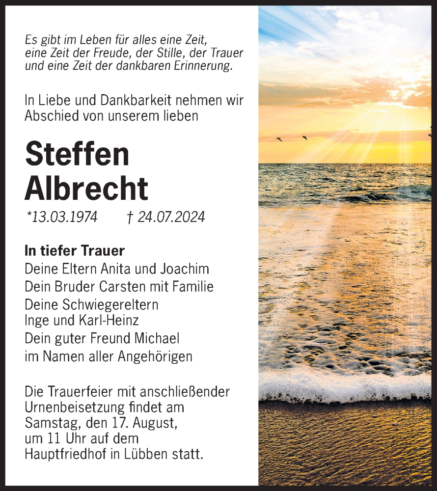  Traueranzeige für Steffen Albrecht vom 10.08.2024 aus Lausitzer Rundschau