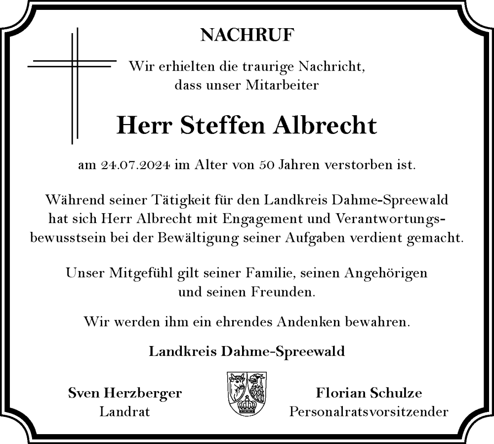  Traueranzeige für Steffen Albrecht vom 17.08.2024 aus Lausitzer Rundschau