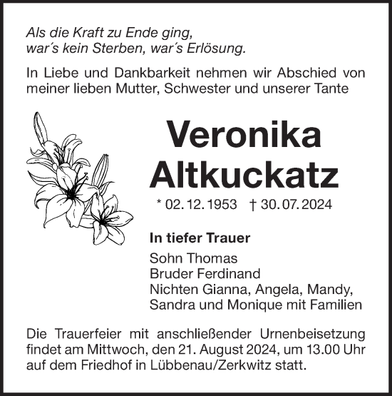 Traueranzeige von Veronika Altkuckatz von Lausitzer Rundschau