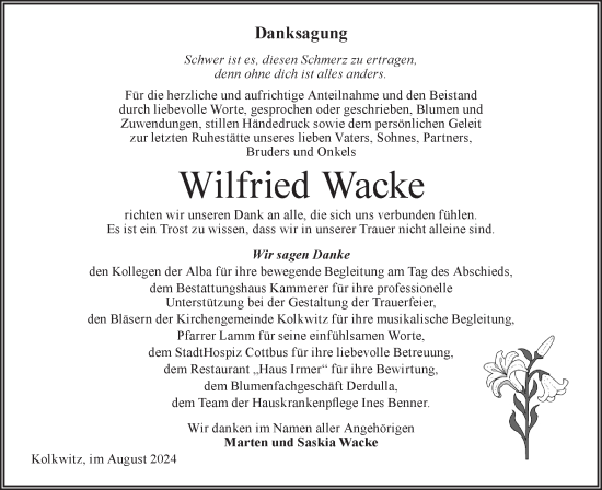 Traueranzeige von Wilfried Wacke von Lausitzer Rundschau