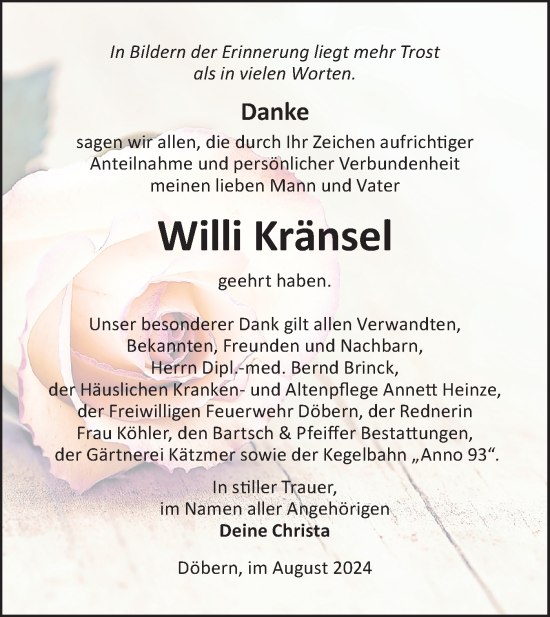 Traueranzeige von Willi Kränsel von Lausitzer Rundschau
