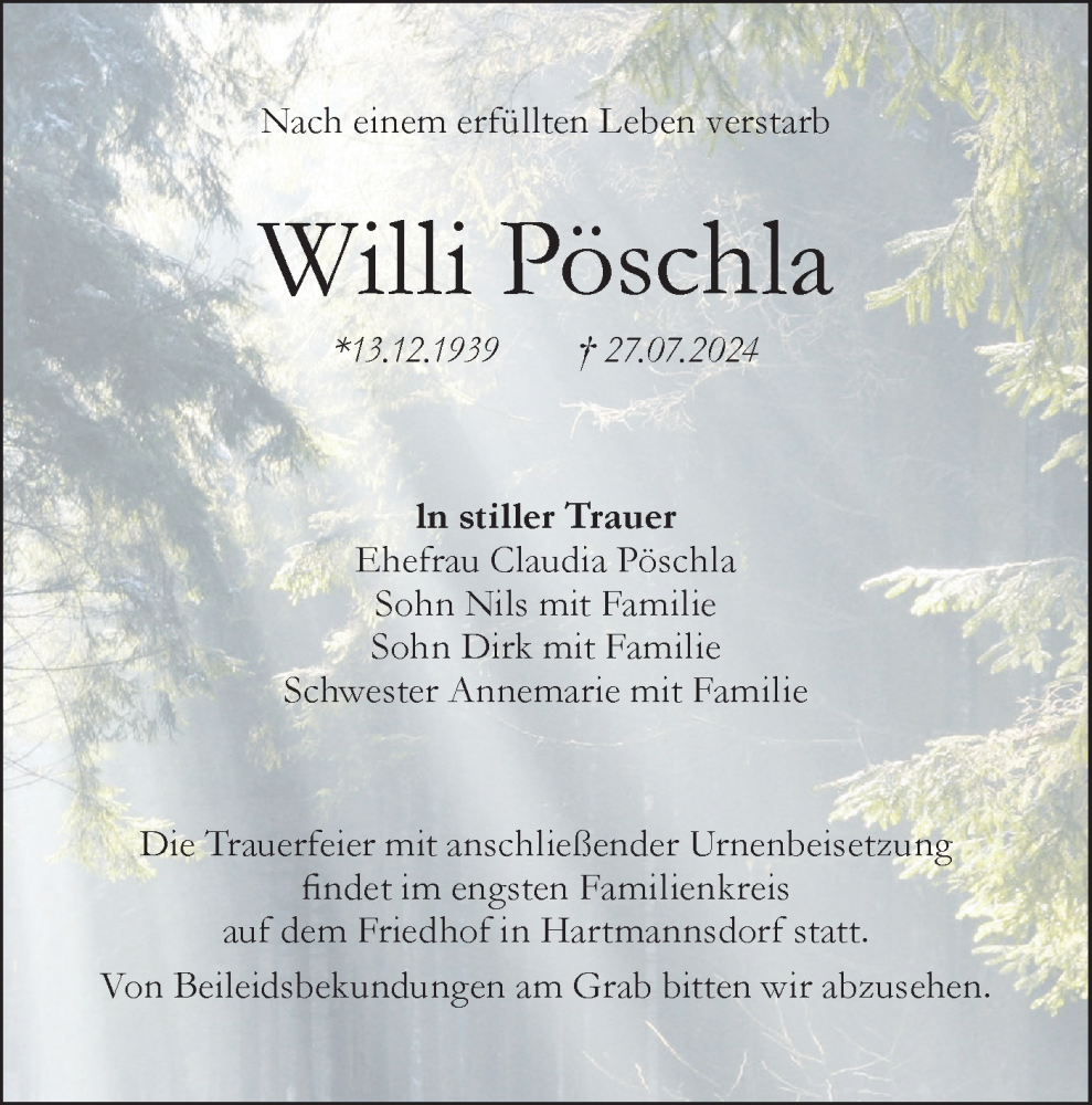  Traueranzeige für Willi Pöschla vom 24.08.2024 aus Lausitzer Rundschau