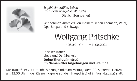 Traueranzeige von Wolfgang Pritschke von Lausitzer Rundschau