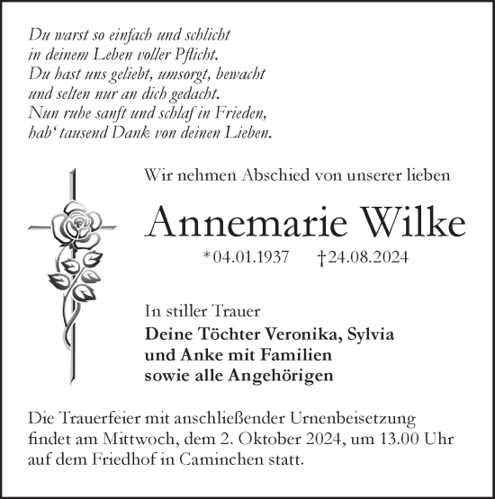 Traueranzeige von Annemarie Wilke von Lausitzer Rundschau