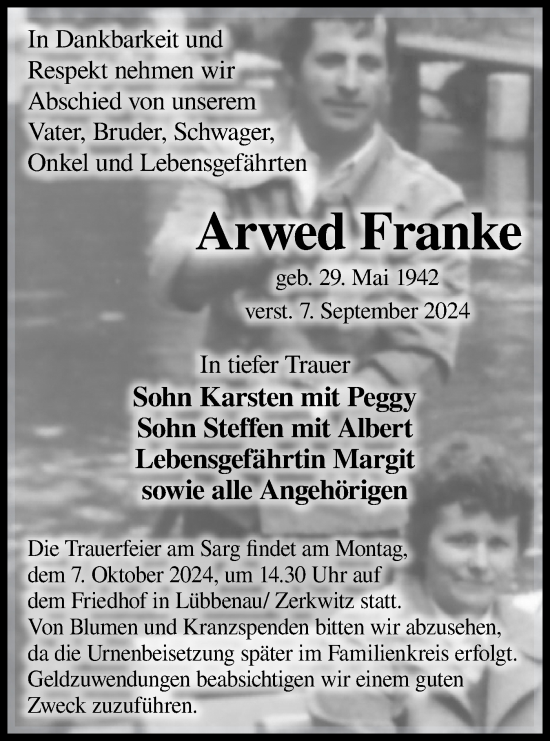 Traueranzeige von Arwed Franke Franke von Lausitzer Rundschau